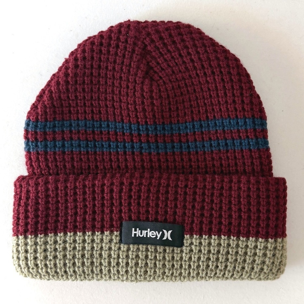 Hurley Waffle Knit Beanie Burgundy Navy Tan Striped Cuffed Winter Hat